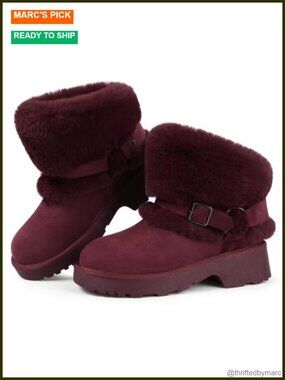 Faux Suede Furry Winter Boots Block Heel Platform Buckle Slip On